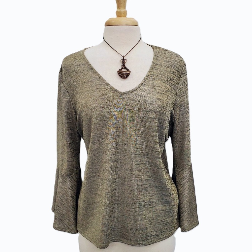 Womens L Metallic Gold Shimmer V-Neck Bell Sleeve Blouse Top‎ Holiday Glam